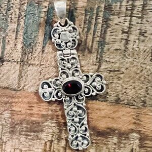 Ornate 0.925 Sterling Silver Cross with Dark Red Stone Vintage Pendant